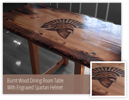 Burnt Finish Dining Room Table with Custom Spartan Helmet Inlay